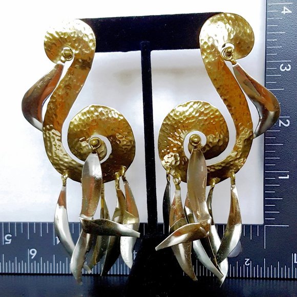70s-80s Abstract Bird Earrings Handmade of Brass & Nickel Silver - Pierced 4.5"L - Picture 6 of 6